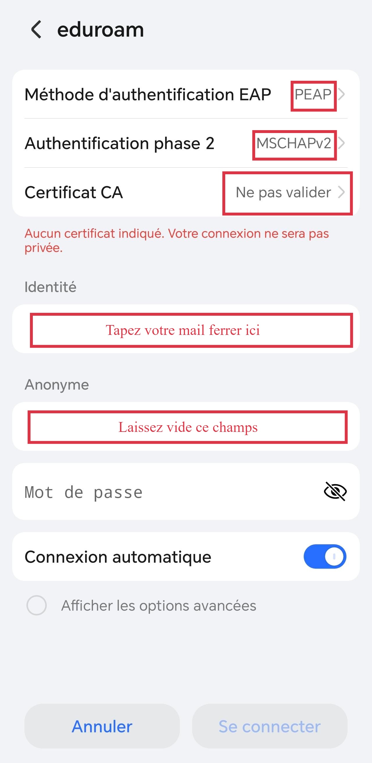 Configuration Wifi Eduroam Android